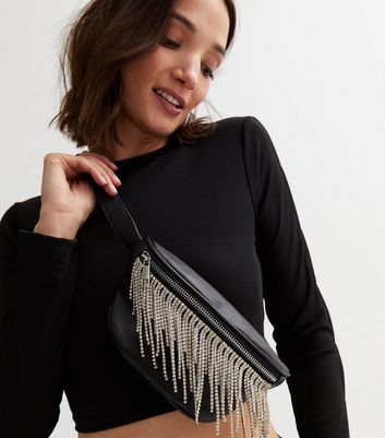 Black Leather Look Diamant Fringe Bumbag New Look