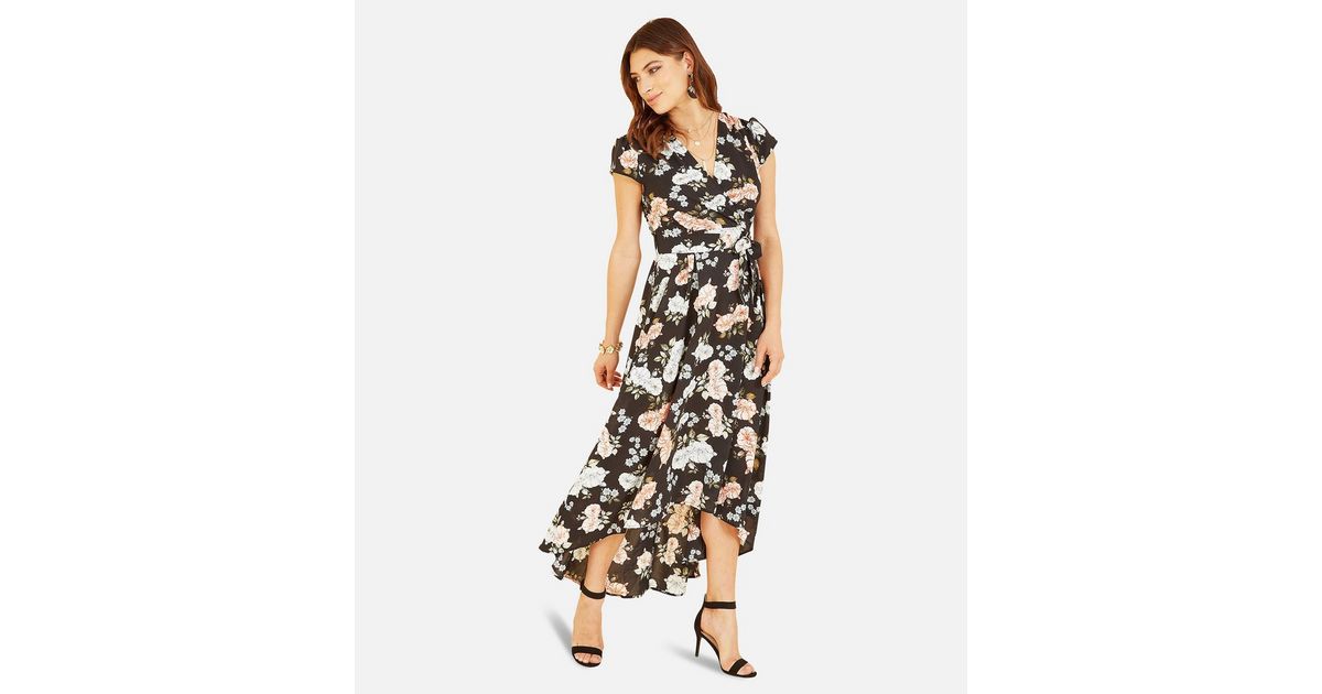 Mela Black Floral Dip Hem Midi Wrap Dress New Look