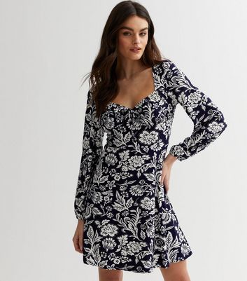 Blue Vanilla Navy Floral Corset Tie Front Mini Swing Dress