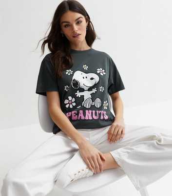 Dark Grey Acid Wash Snoopy Floral Peanuts Logo T-Shirt