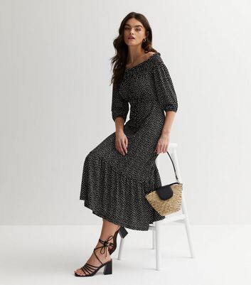 Shirred bardot 2025 midi dress