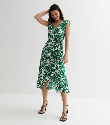 Blue Vanilla Green Floral Ruffle Midi Wrap Dress