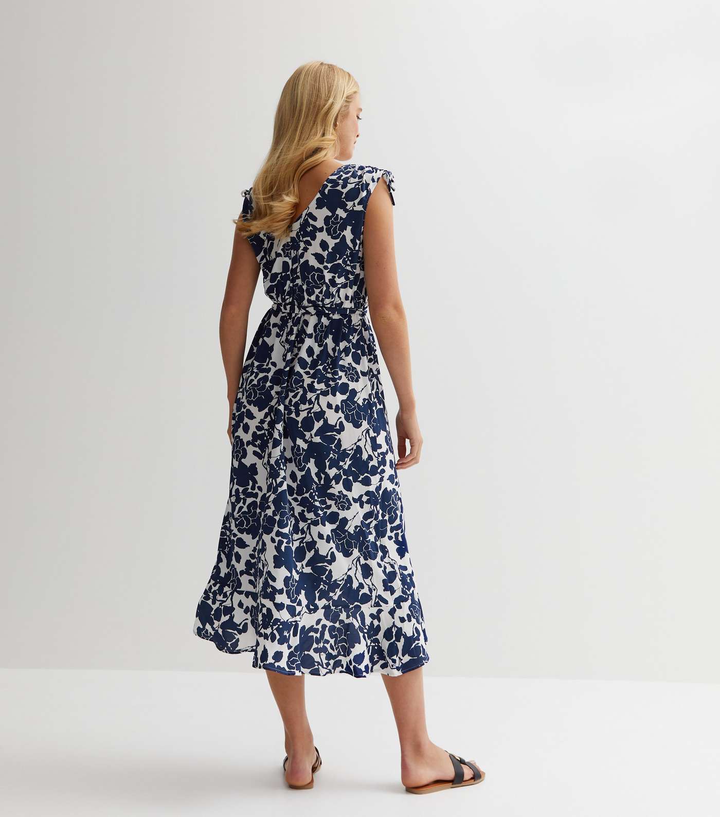 Blue Vanilla Navy Floral Ruffle Midi Wrap Dress Image 4
