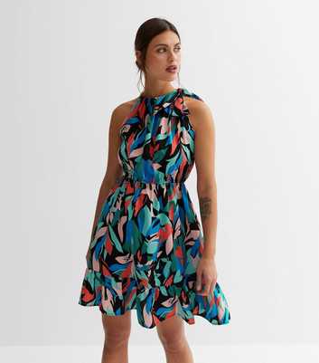 Blue Vanilla Multicoloured Abstract Satin Tie Halter Mini Dress