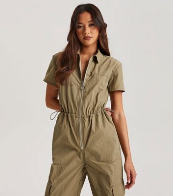 Urban Bliss Olive Zip Front Parachute Cargo Jumpsuit New Look