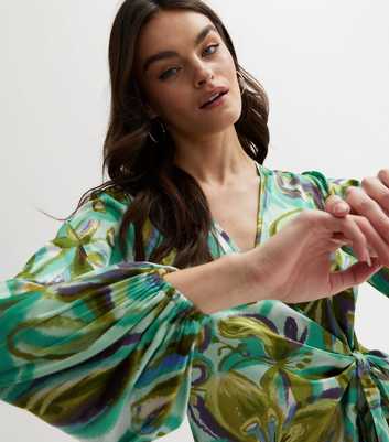 Gini London Green Floral Satin Puff Sleeve Wrap Blouse