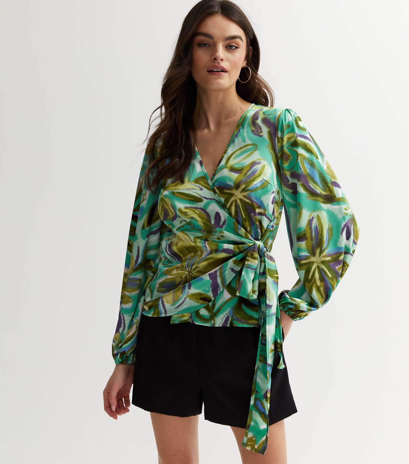 Gini London Green Floral Satin Puff Sleeve Wrap Blouse Image 2