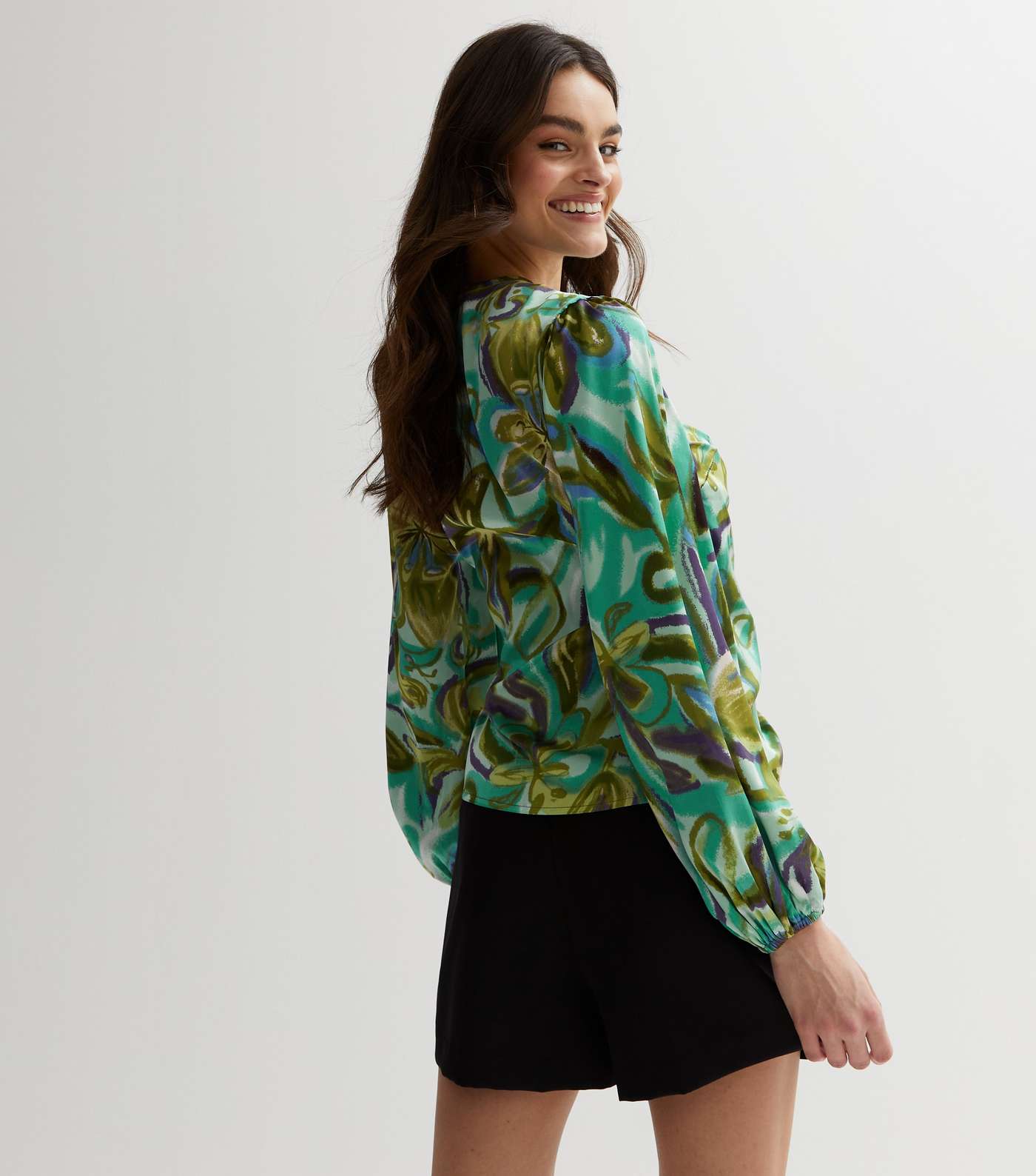 Gini London Green Floral Satin Puff Sleeve Wrap Blouse Image 4