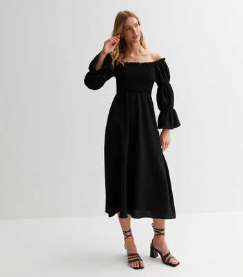 Gini London Black Shirred Frill Tiered Bardot Midi Dress