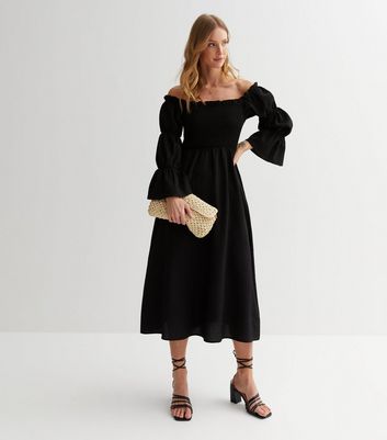 Shirred bardot shop midi dress