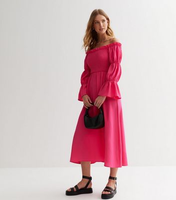 Gini London Mid Pink Shirred Frill Tiered Bardot Midi Dress New Look