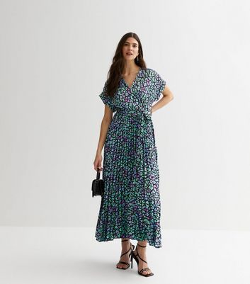 Green Animal Print Satin Pleated Midi Wrap Dress New Look