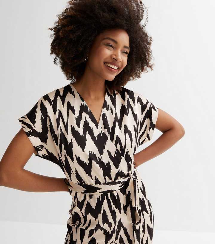 Off White Zebra Print Belted Wrap Wide Leg Jumpsuit