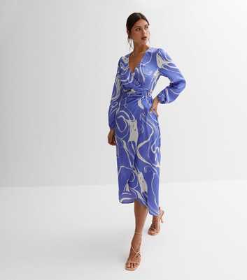 Gini London Blue Abstract Satin Midi Wrap Dress