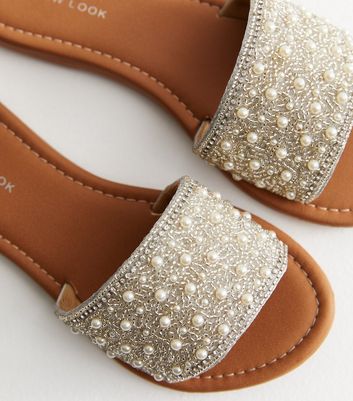 Silver Faux Pearl Embellished Sliders New Look