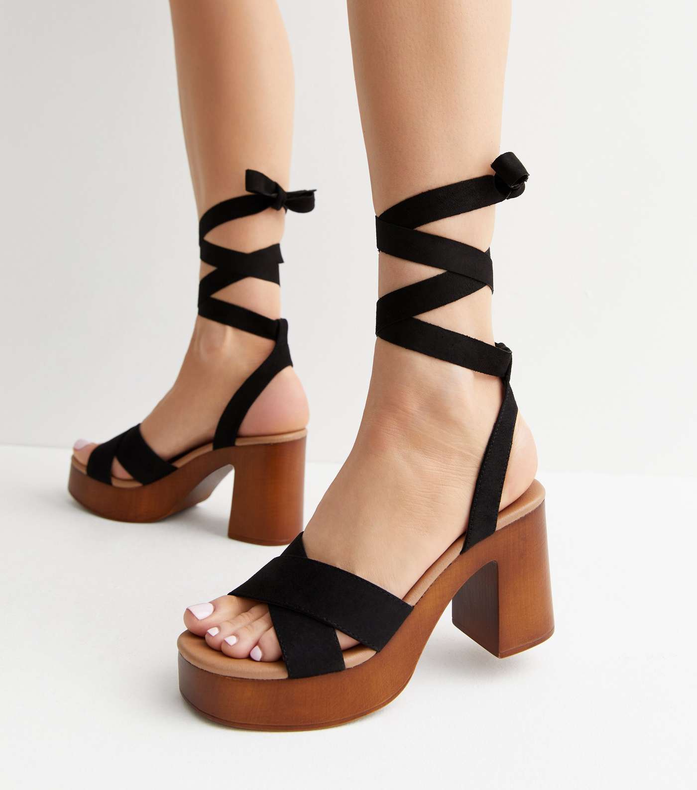 Black Suedette Ankle Tie Platform Sandals Image 2