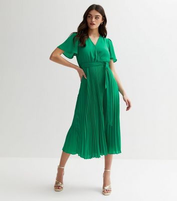 Gini London Green Satin Pleated Midi Wrap Dress New Look