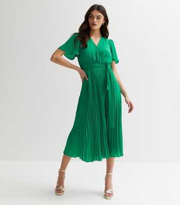 Gini London Green Satin Pleated Midi Wrap Dress