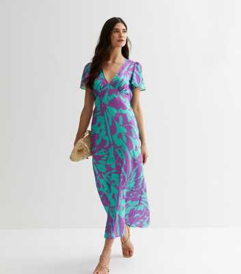 Purple Abstract Flutter Sleeve Midi Dress
