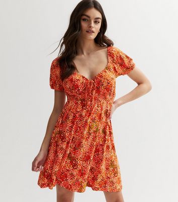 Blue Vanilla Orange Floral Sweetheart Mini Dress New Look