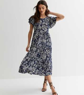 Blue Vanilla Navy Floral Ruffle Sleeve Tiered Midi Dress