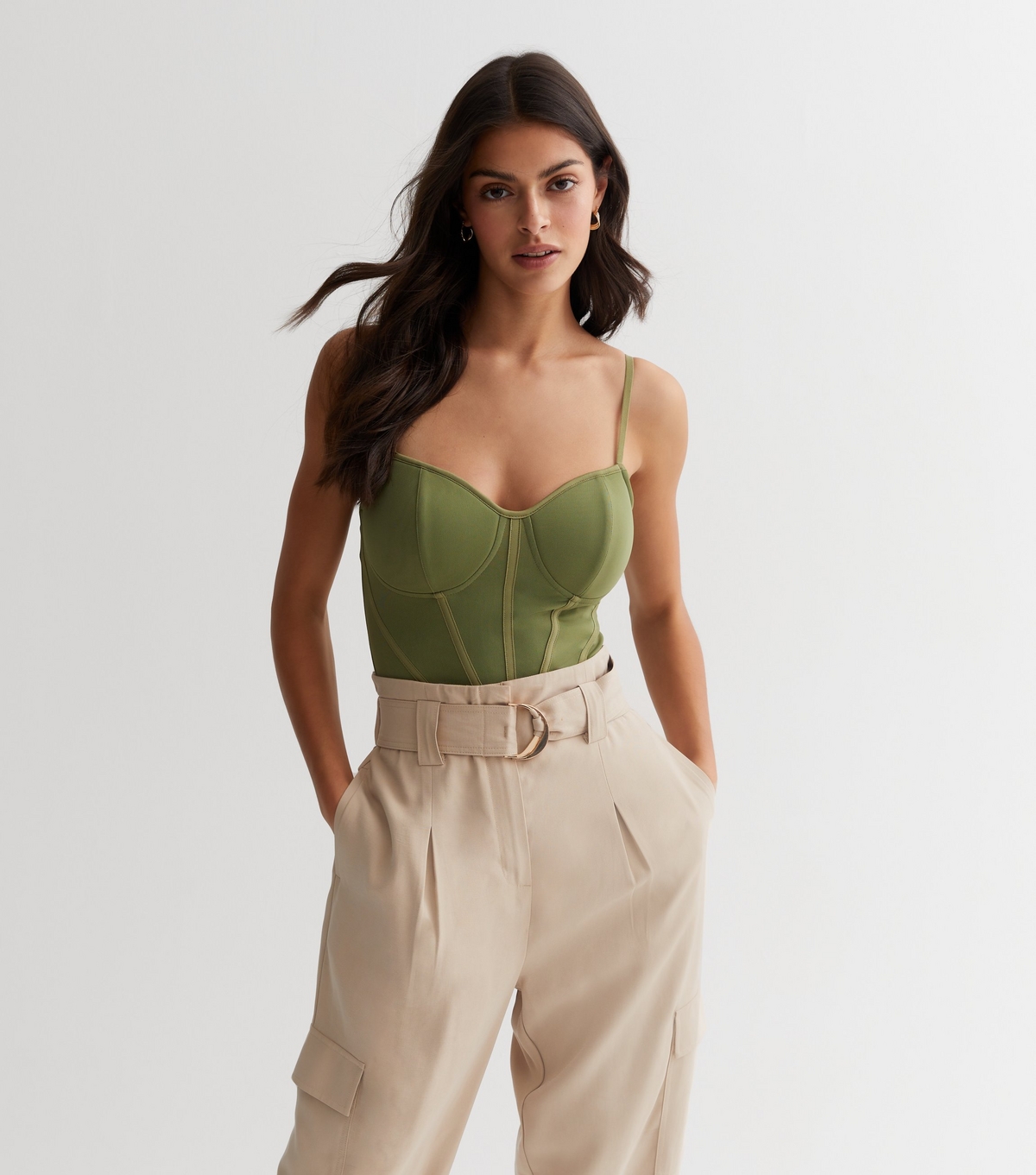Women's Khaki Mesh Strappy Bustier Bodysuit New Look
