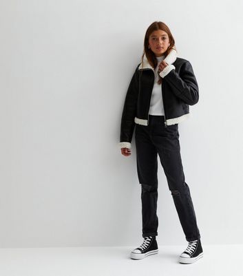 Girls Black Leather-Look Faux Fur Trim Aviator Jacket New Look