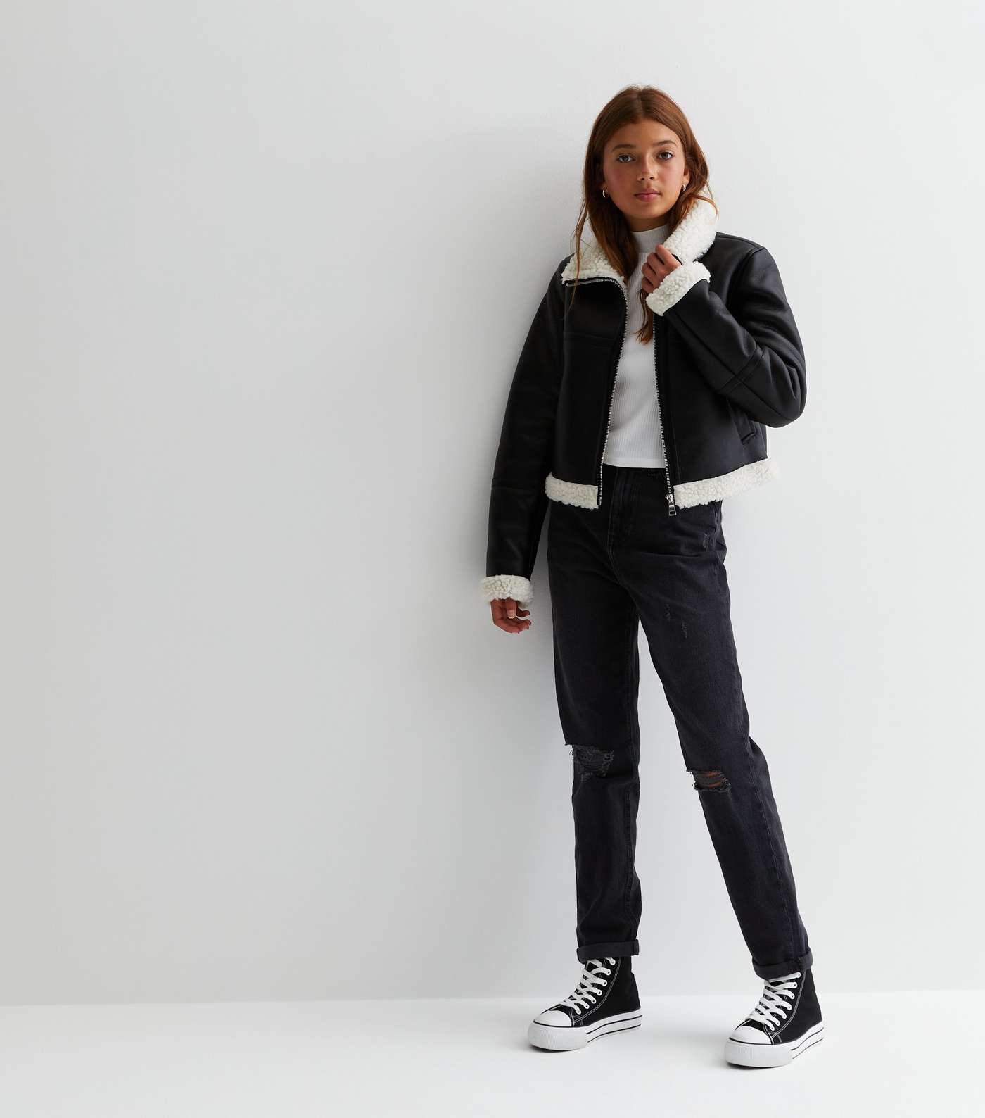 Girls Black Leather-Look Faux Fur Trim Aviator Jacket Image 3