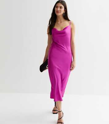 Purple Satin Cowl Neck Midi Slip Dress