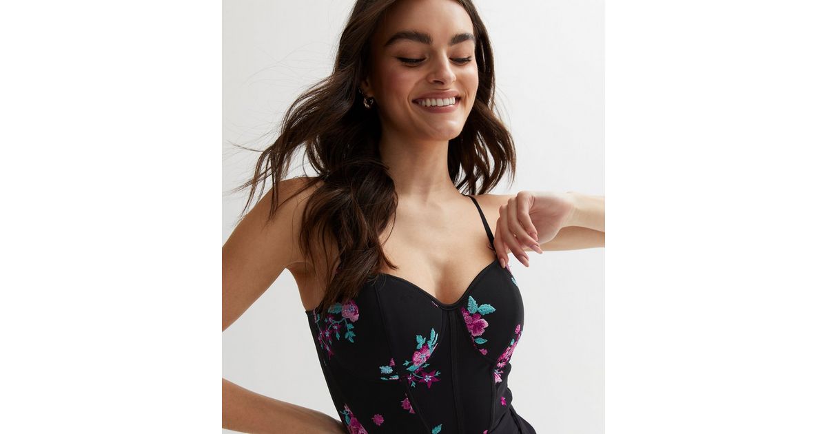 Black Floral Embroidered Bustier Bodysuit | New Look