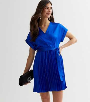 Blue Satin Pleated Mini Wrap Dress