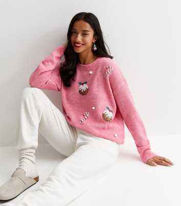 Petite Pink Knit Sequin Christmas Pudding Jumper
