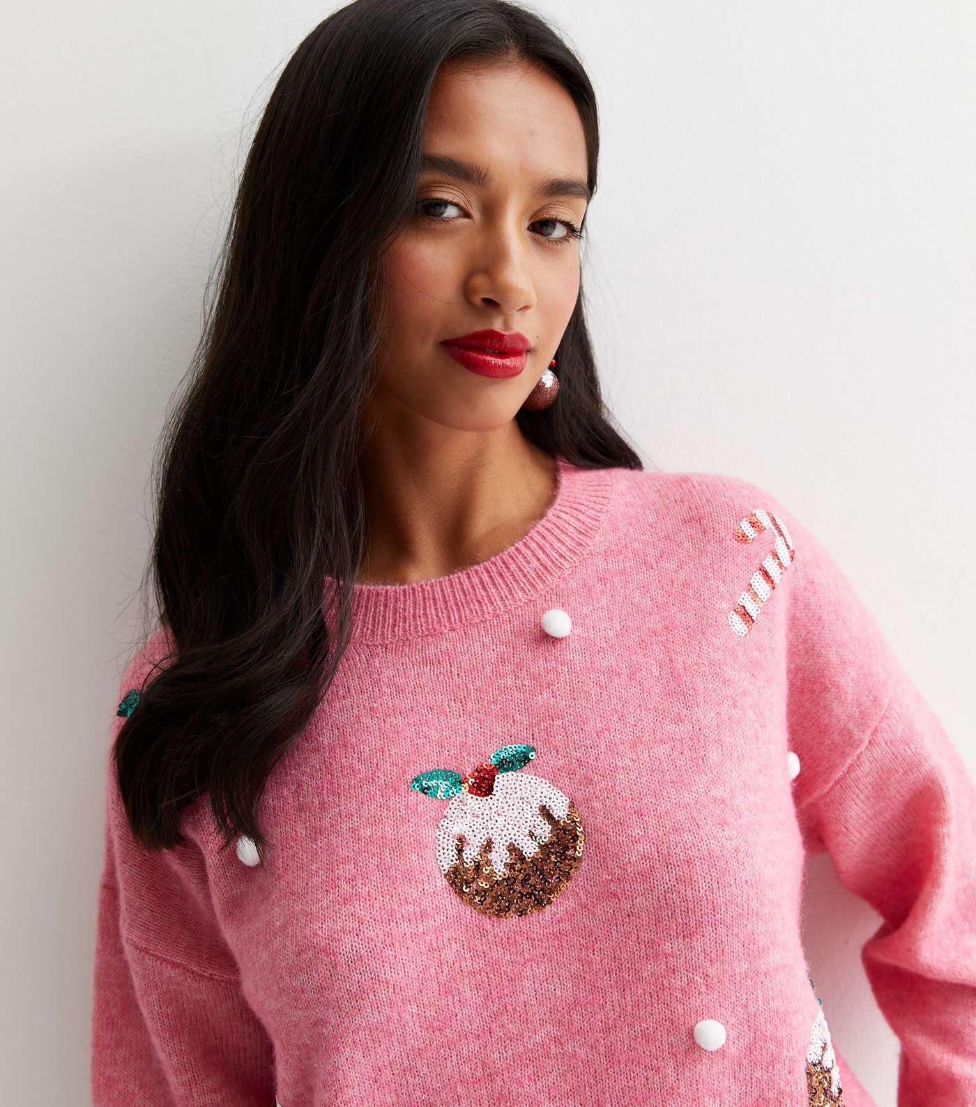 Petite Pink Knit Sequin Christmas Pudding Jumper Image 2