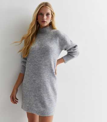 Petite Grey Ribbed Knit High Neck Mini Dress