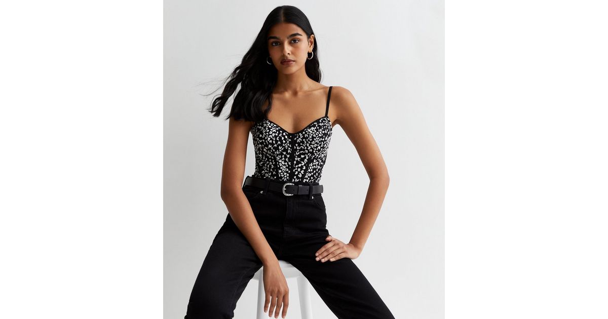 Black Mesh Strappy Bustier Bodysuit