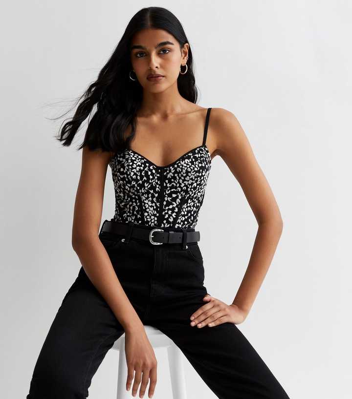 Forever 21 Women's Mesh Leopard Print Lingerie Bodysuit in Black Small