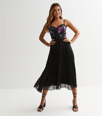 Black Floral Embellished Bust Pleated Midi Dress New Look