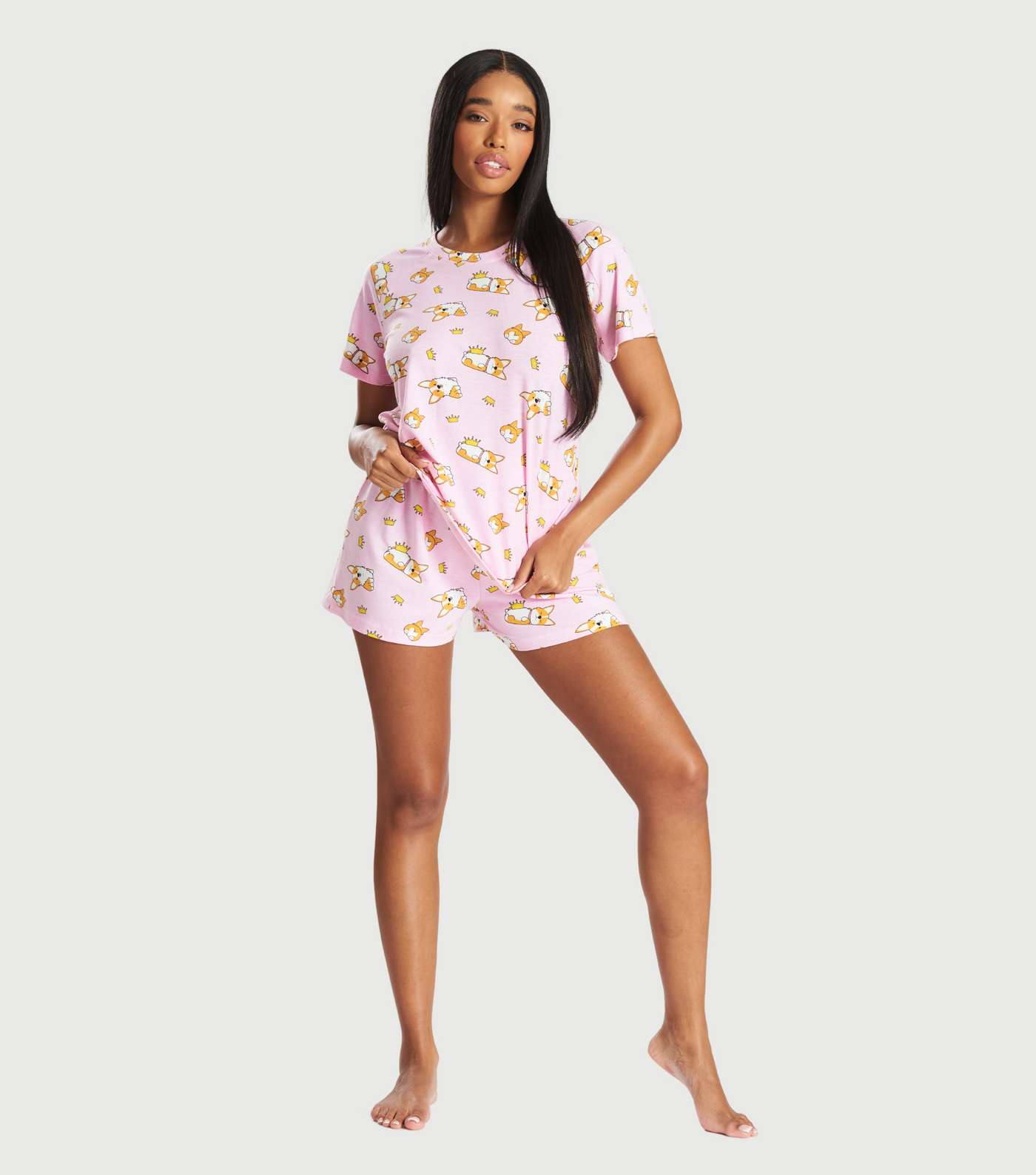 Loungeable Pink Short Pyjama Set with Corgi Print Image 2