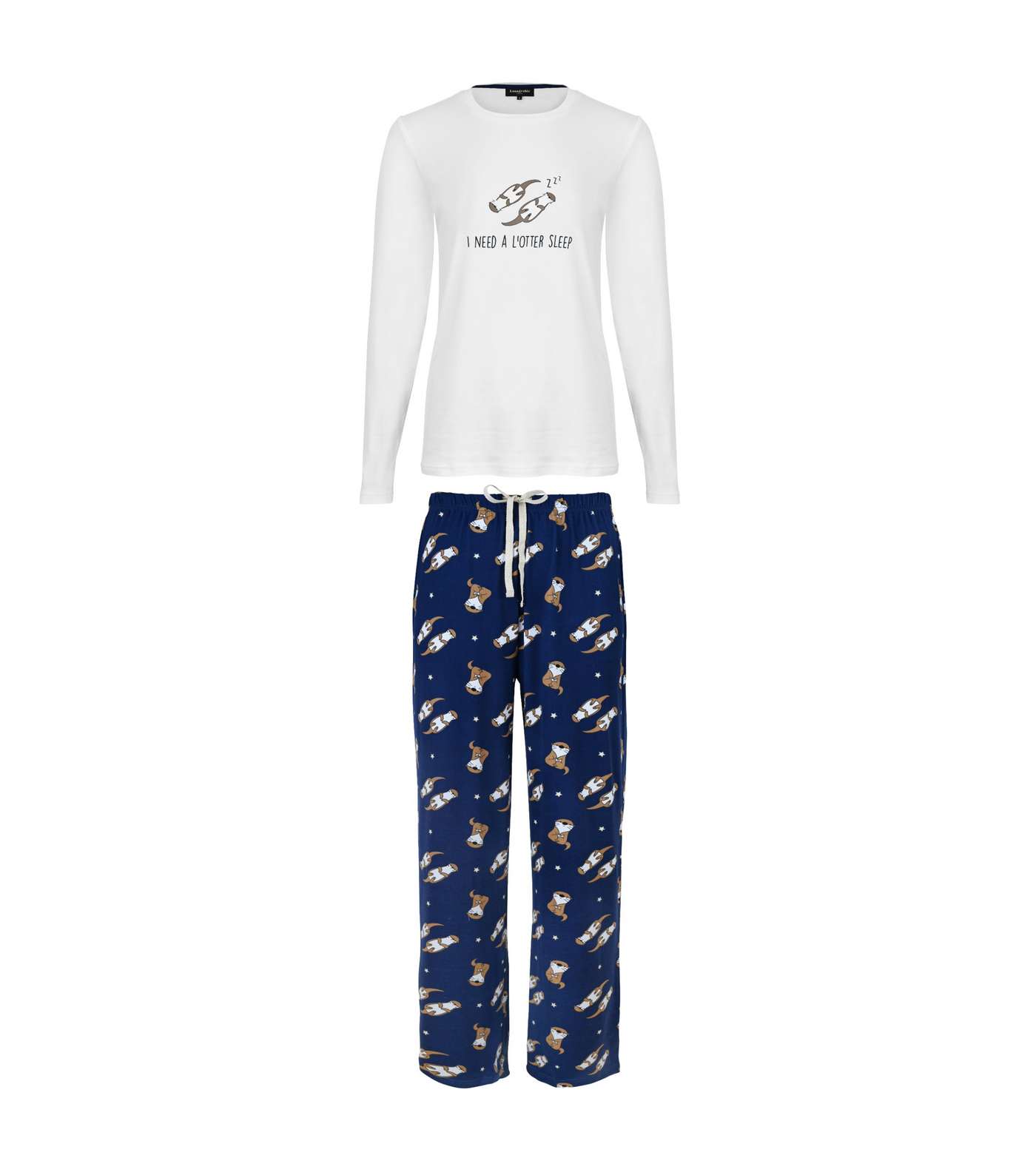 Loungeable Navy Long Sleeve T-Shirt and Trouser Pyjama Set with Otter Logo Image 4