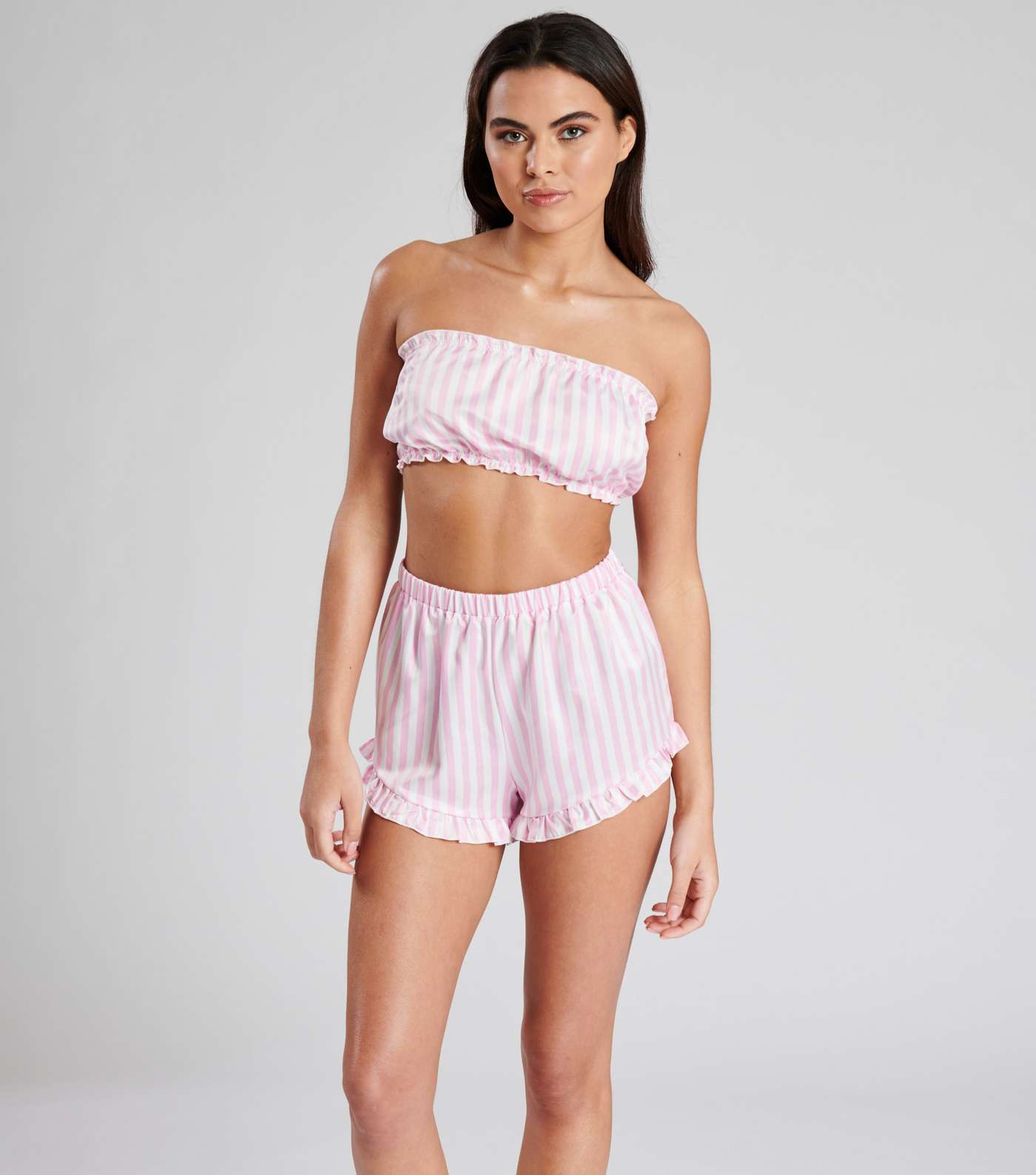 Loungeable Pink Satin Short Pyjama Set with Stripe Print Image 2