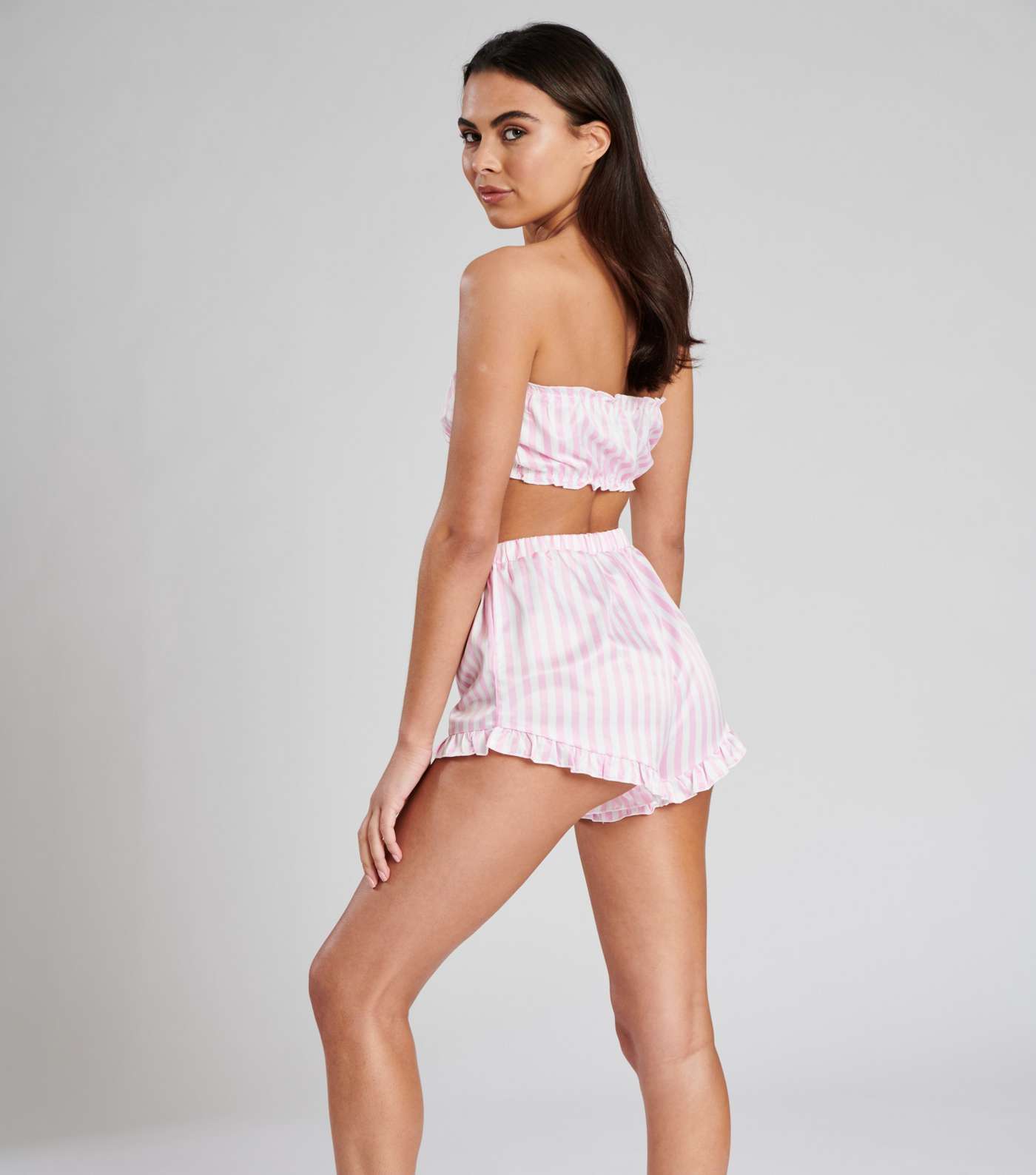 Loungeable Pink Satin Short Pyjama Set with Stripe Print Image 4