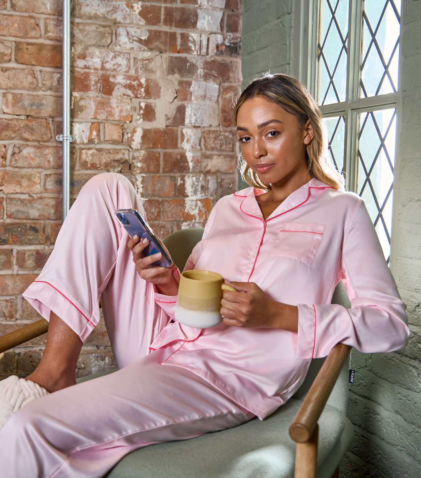 Loungeable Pink Piping Satin Shirt Pyjama Set Image 2