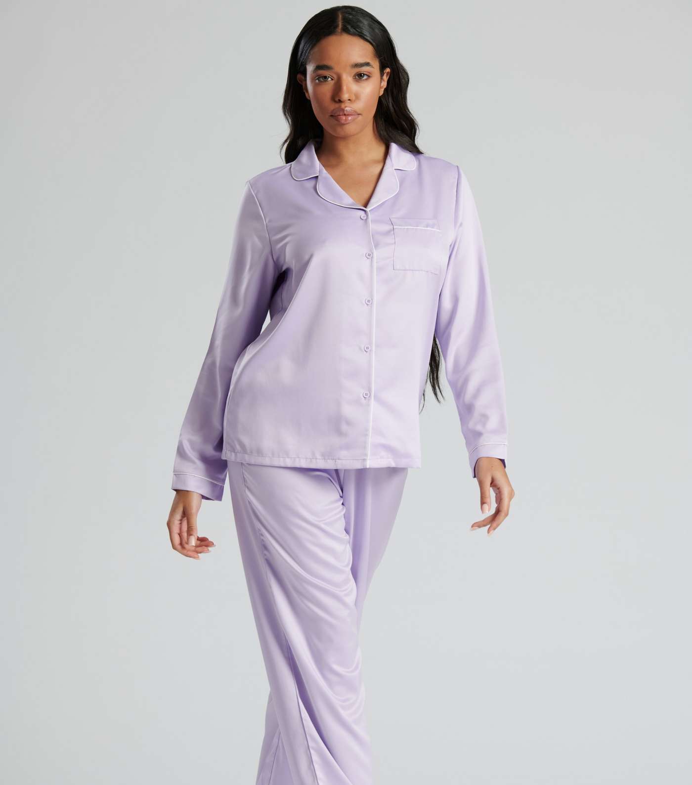 Loungeable Lilac Piping Satin Shirt Pyjama Set Image 3