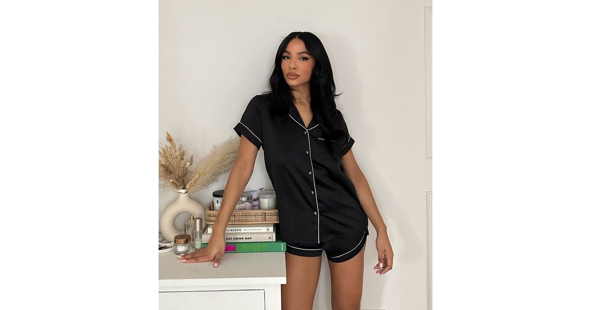 Loungeable Black Satin Piped Shirt and Short Pyjama Set
