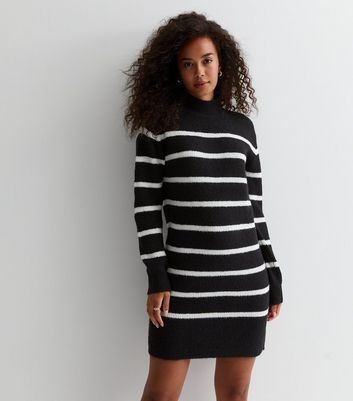 Tall Black Stripe Knit Turtle Neck Mini Dress