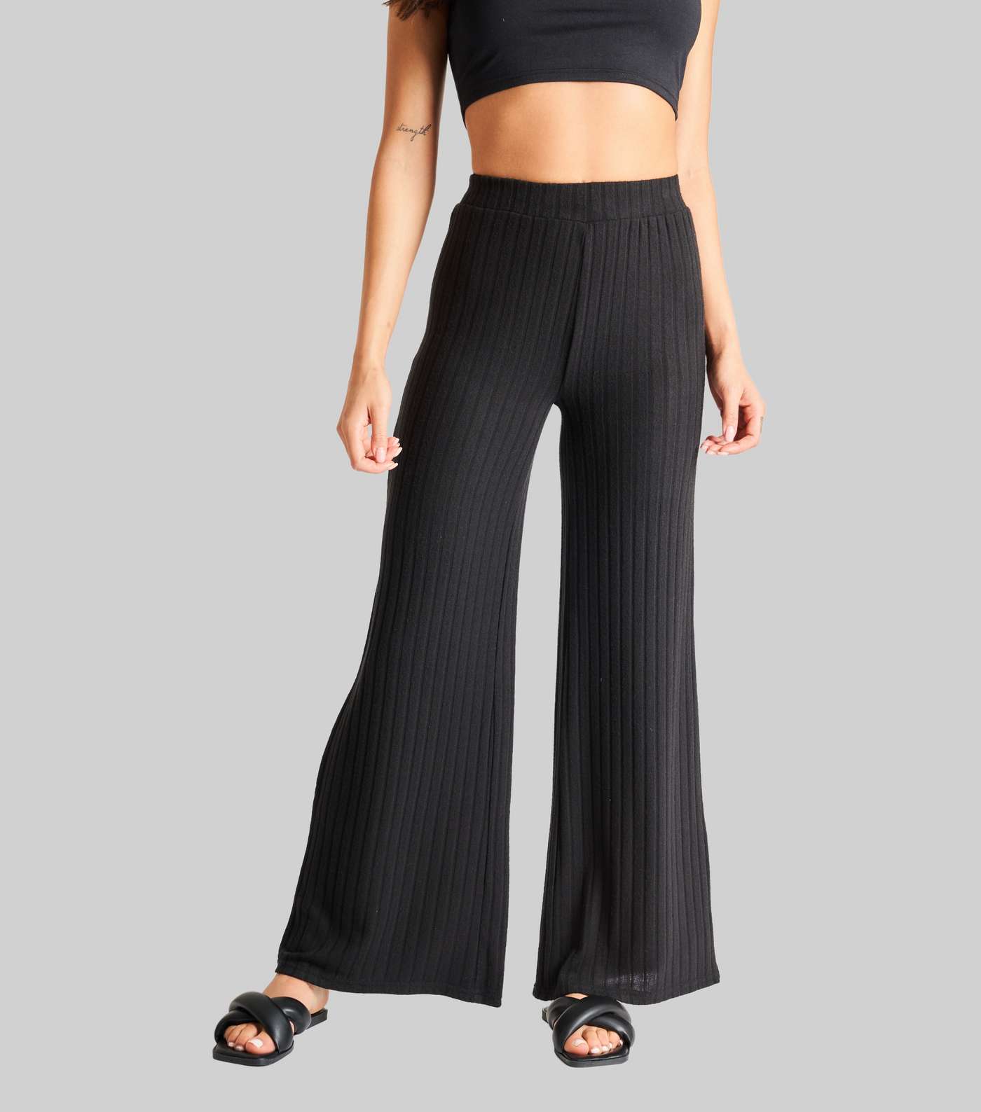 South Beach Black Ribbed Knit High Waist Wide Leg Trousers Image 2