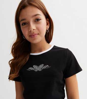 Girls Black Diamanté Butterfly Logo Ringer T-Shirt