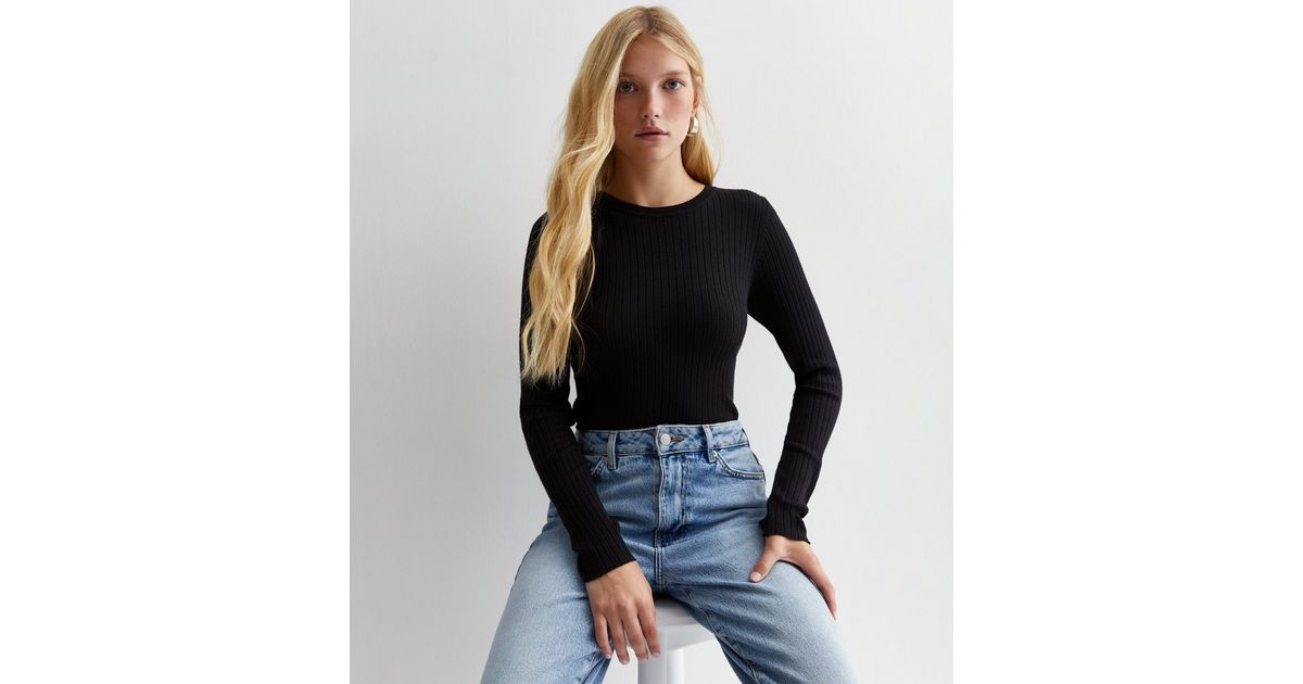 Petite Black Ribbed Crew Neck Jumper