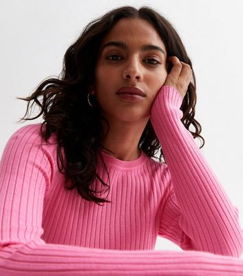 Petite Pink Ribbed Crew Neck Jumper New Look