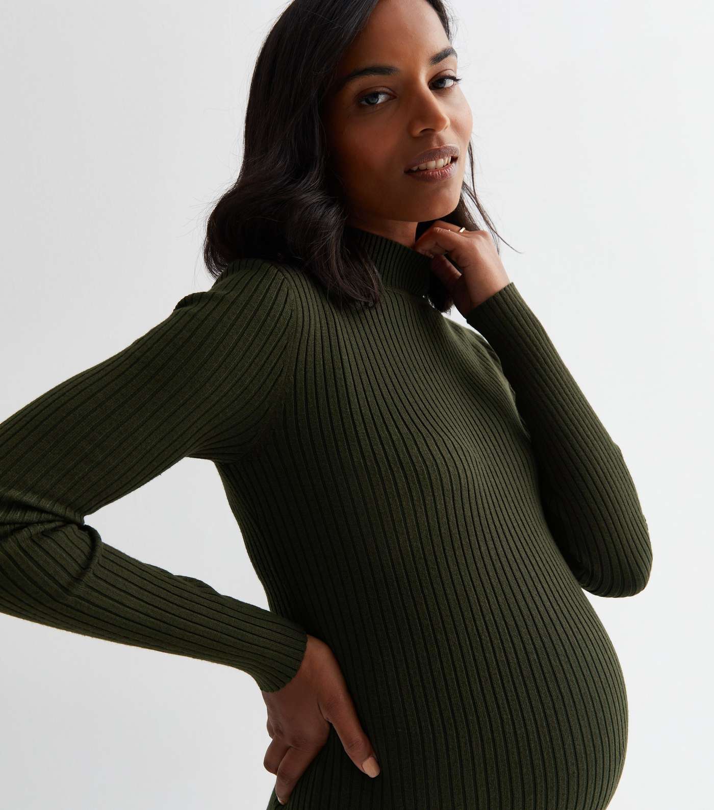 Maternity Khaki Knit Split Hem Midi Dress Image 2